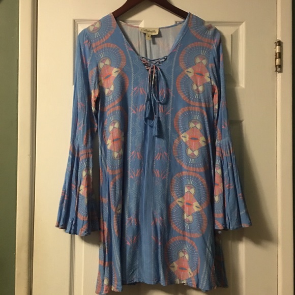 Cleobella Boho Blue Abstract Bell Sleeve Dress - Picture 6 of 13